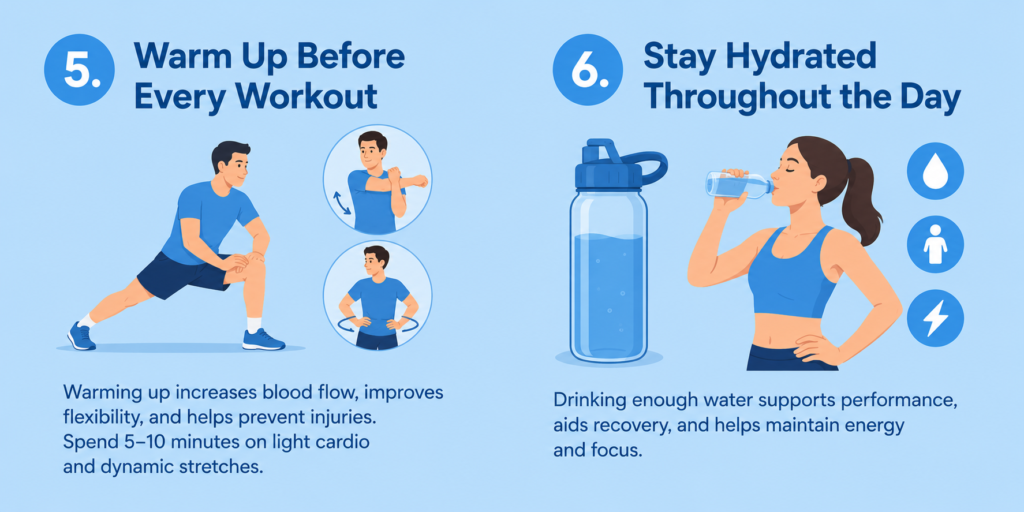 Warm Up Before Every Workout 
Stay Hydrated Throughout the Day
