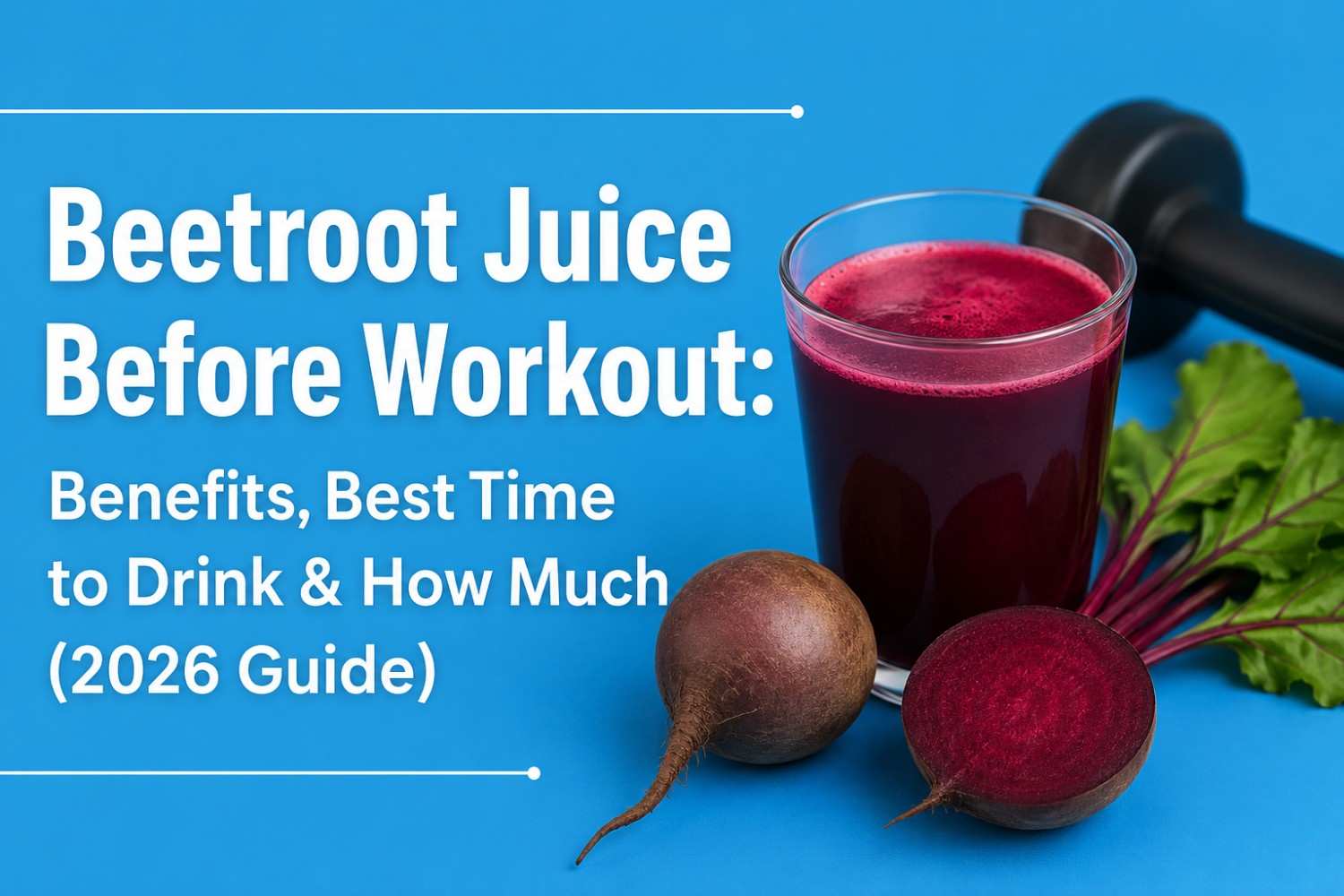 Glass of fresh beetroot juice with whole and sliced beetroots before workout for better energy, endurance, and exercise performance.