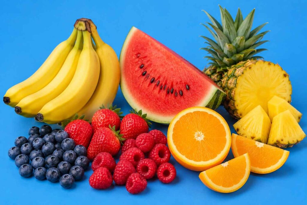 Bananas, watermelon, pineapple, berries, and oranges for post-workout recovery.