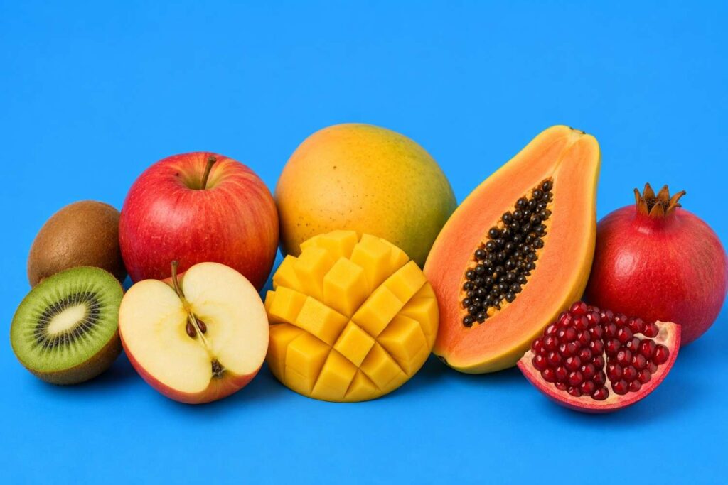 Kiwi, apple, mango, papaya, and pomegranate for post-workout recovery.