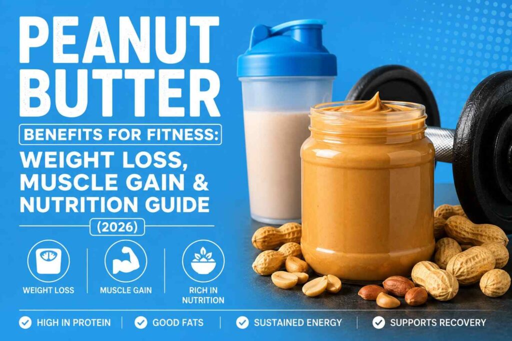 Peanut butter benefits for fitness - jar with peanuts and dumbbell