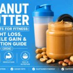 Peanut butter benefits for fitness - jar with peanuts and dumbbell