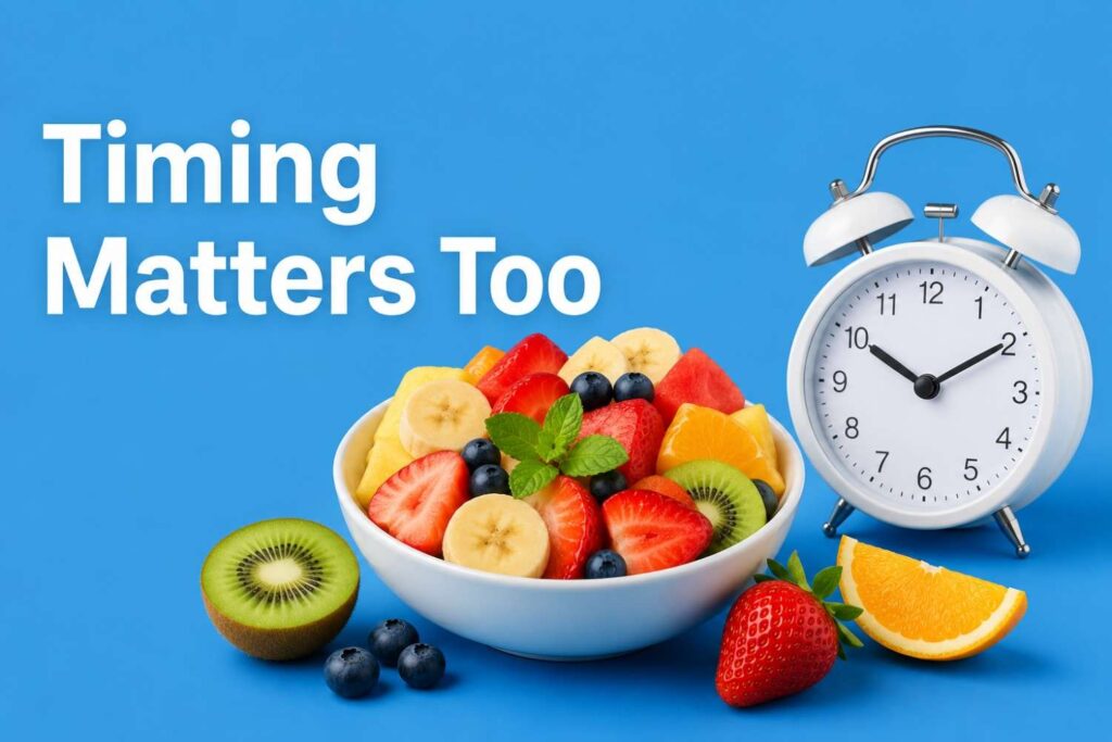 Fresh fruits with a clock for recovery timing.