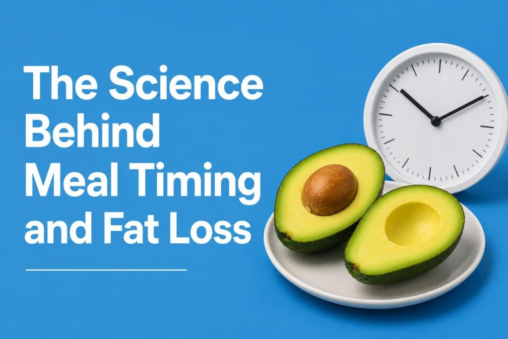 Avocado and clock showing meal timing for fat loss