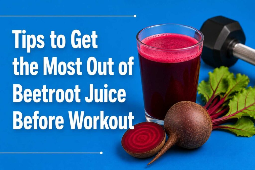 Fresh beetroot juice before workout with beetroot and dumbbell for better performance.