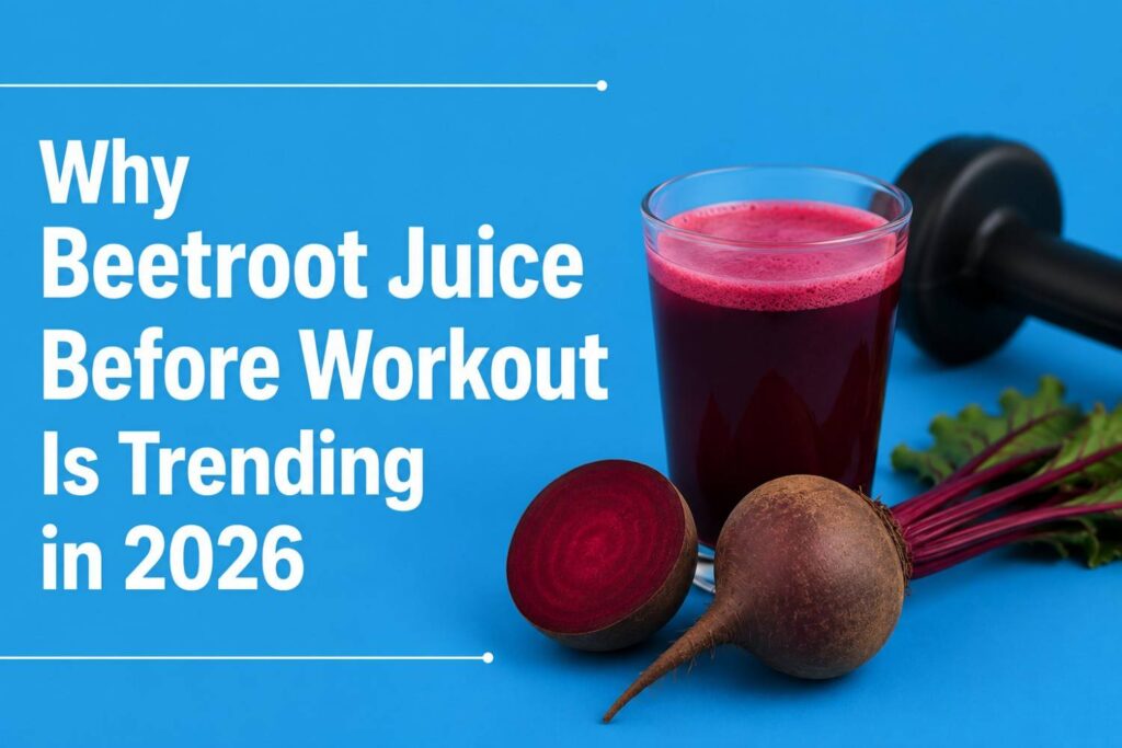 Fresh beetroot juice with whole and sliced beetroots beside a dumbbell