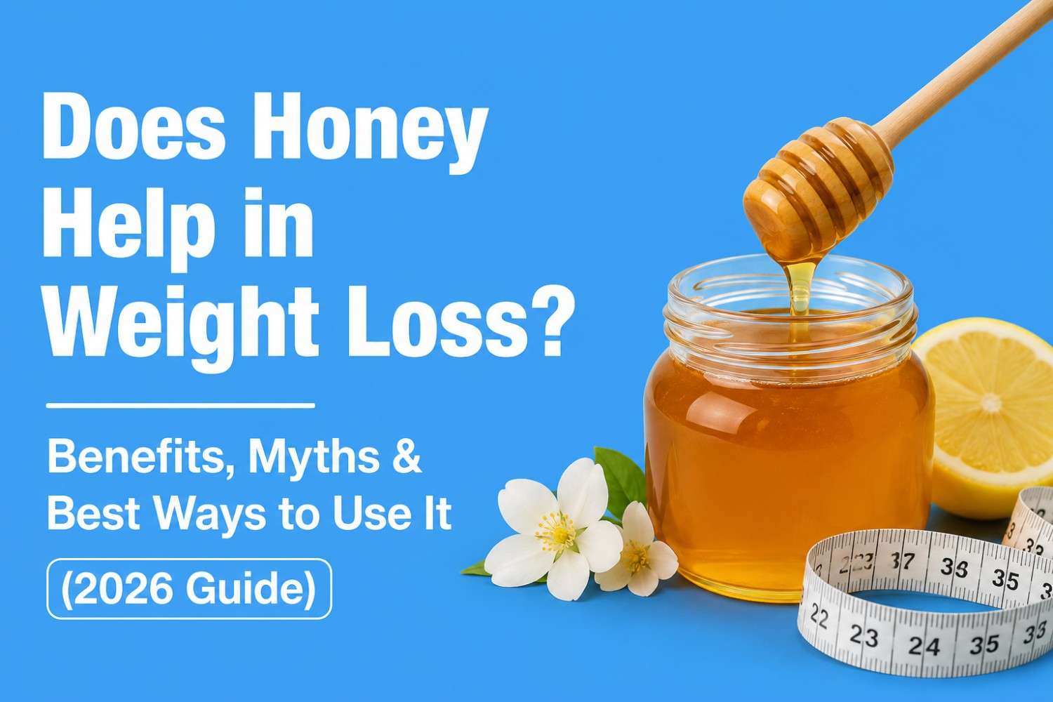 Honey for weight loss with honey jar, lemon, and measuring tape.
