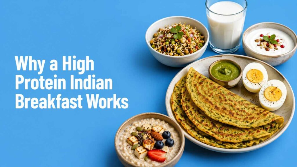 High protein Indian breakfast for weight loss with moong chilla, boiled eggs, sprouts, oats, yogurt, and milk